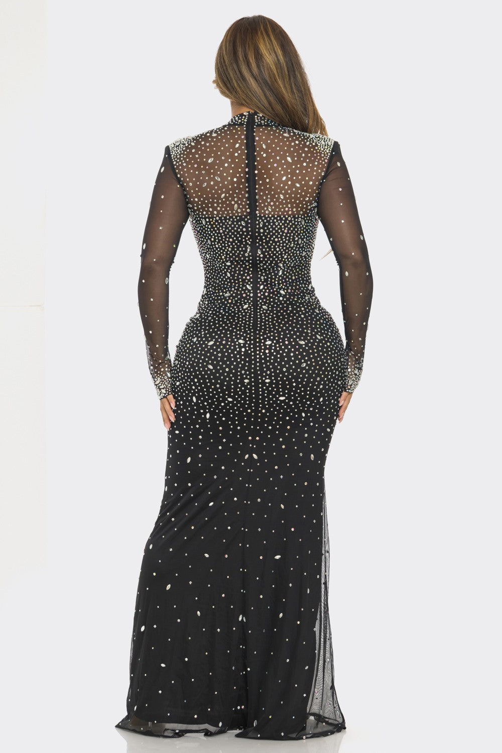 Stunning Rhinestone Embellished Mesh Maxi Dress Black