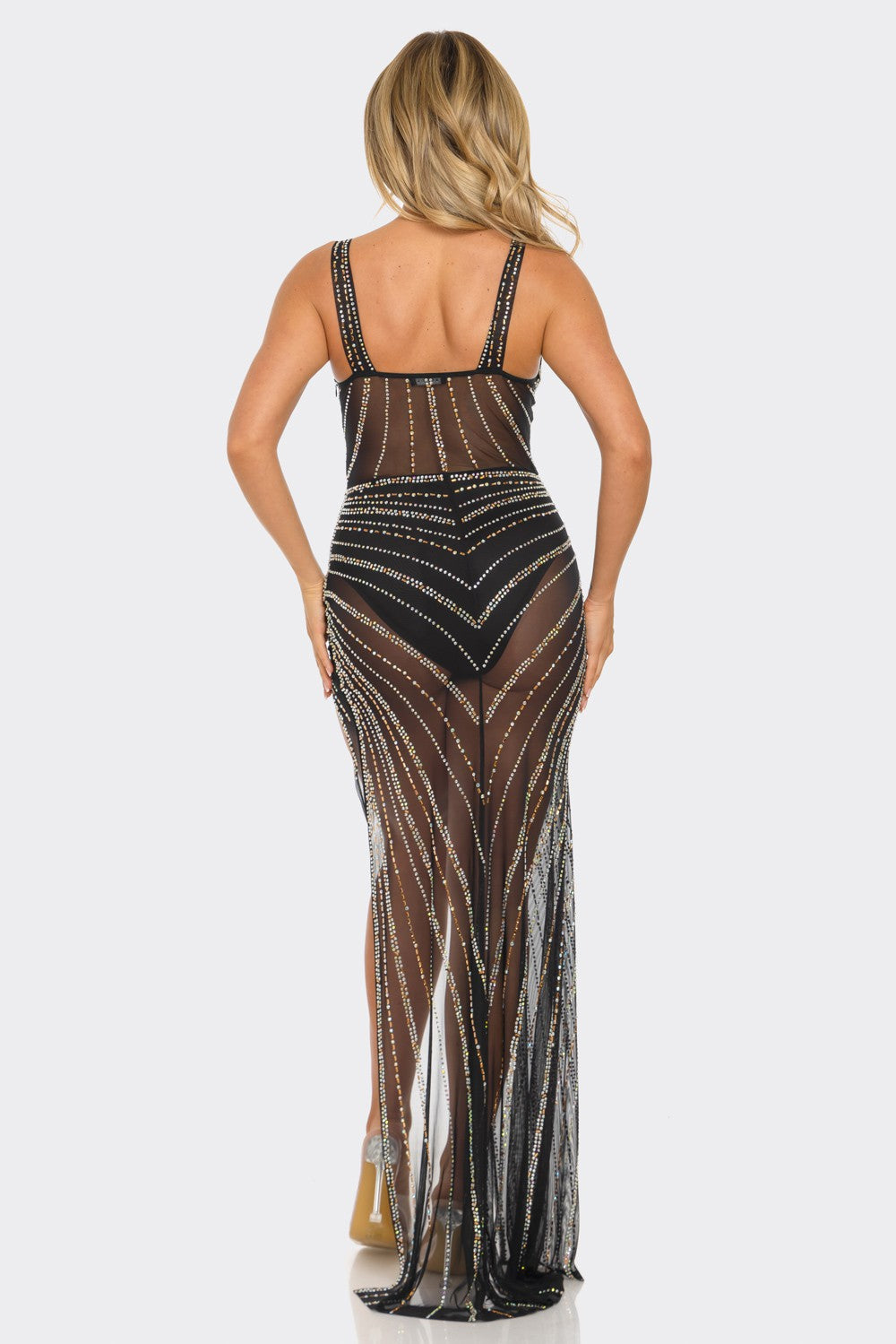 Jewel-toned Rhinestone Overlap Maxi Dress Black