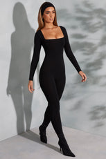 Square Neck Long Sleeve Jumpsuit in Black