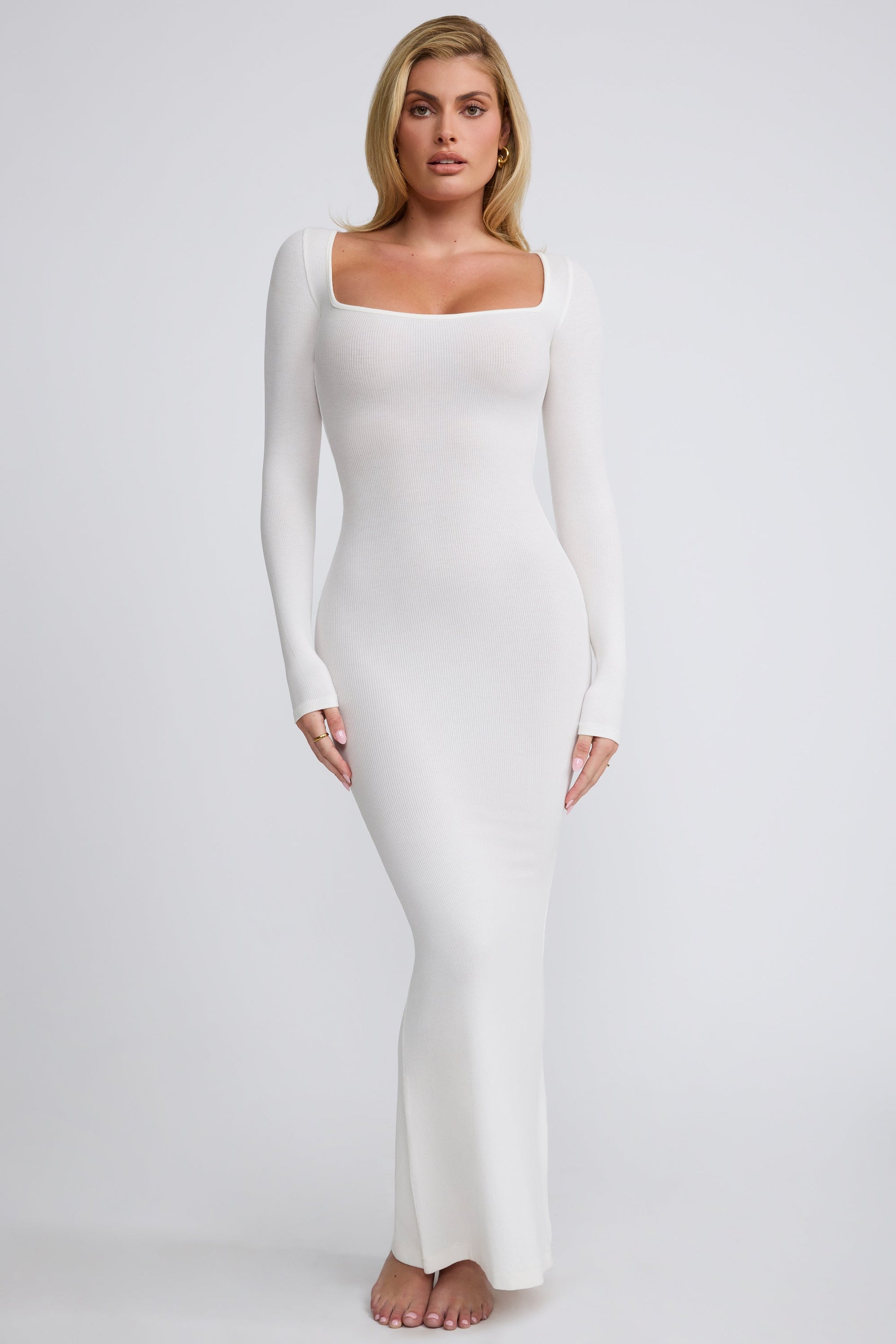 Ribbed Modal Long Sleeve Maxi Dress in White