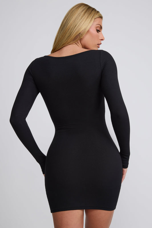 Ribbed Modal Long Sleeve Mini Dress in Black