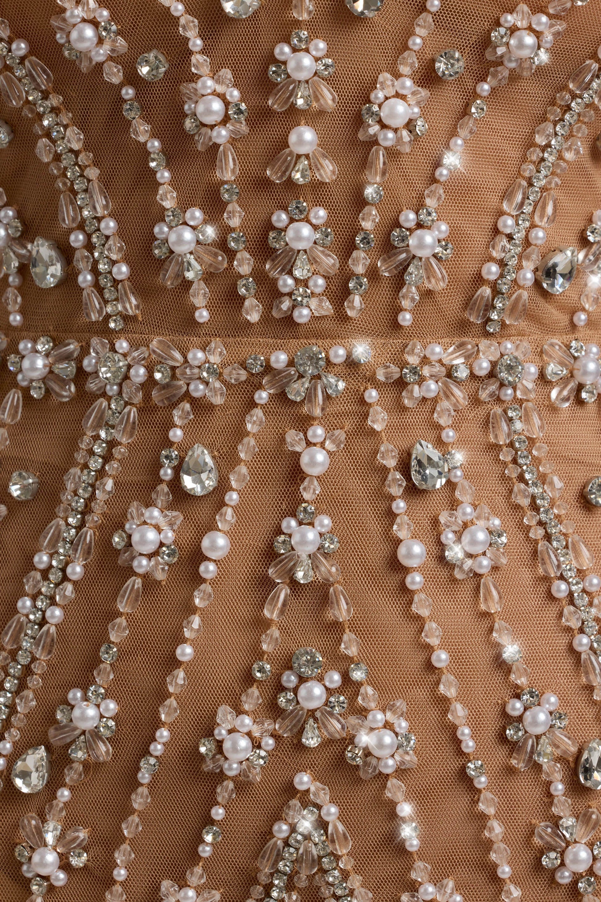 Hand Embellished Sheer Mini Dress in Almond
