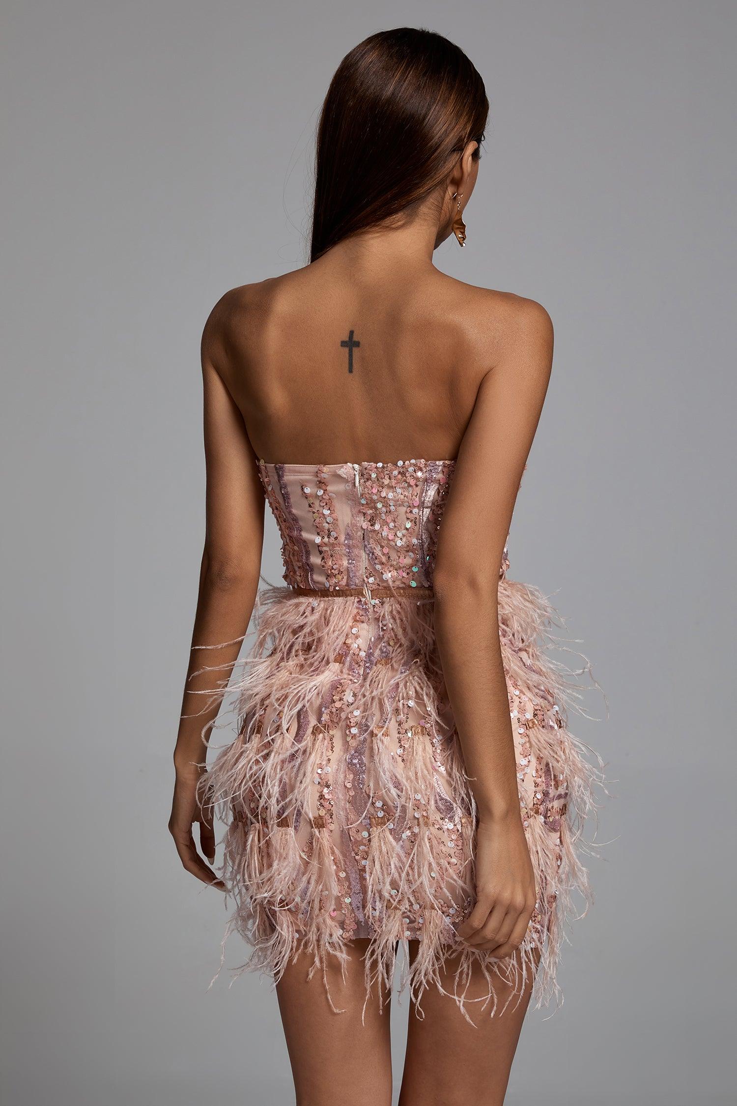 Fringe Trim Sequin Feather Mini Party Dress - Pink