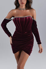 Maeva Long Sleeve Cystal Trim Corset Dress - Wine