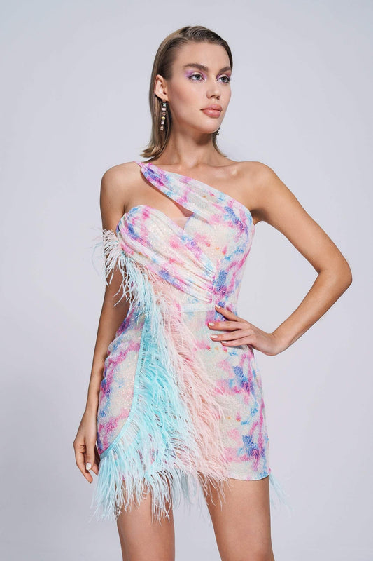 Caramel Feather Sequin Mini Dress