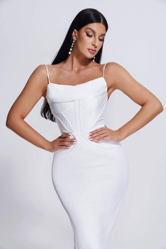 Dalila Satin Corset Midi Dress - White