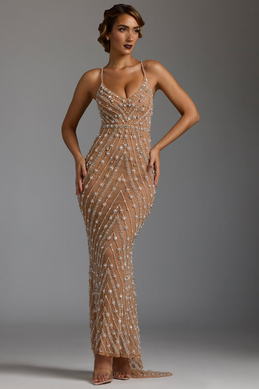 Hand Embellished Sheer Evening Gown in Almond Dress