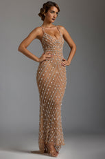 Hand Embellished Sheer Evening Gown in Almond Dress